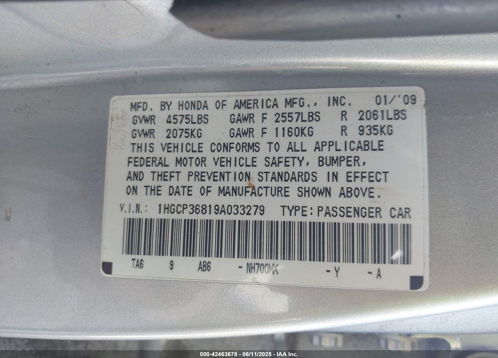 2009 HONDA ACCORD VIN: 1HGCP36819A033279