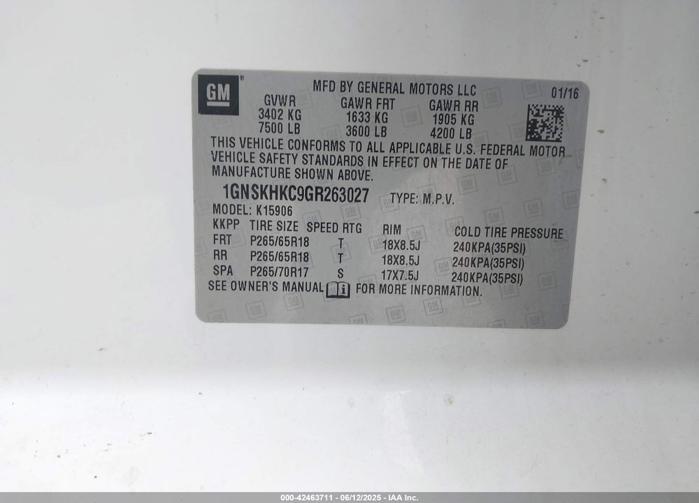 2016 CHEVROLET SUBURBAN LT VIN: 1GNSKHKC9GR263027