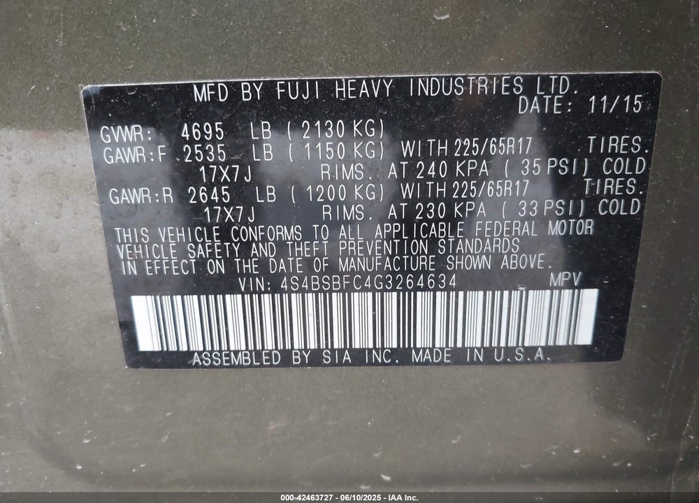 2016 SUBARU OUTBACK VIN: 4S4BSBFC4G3264634