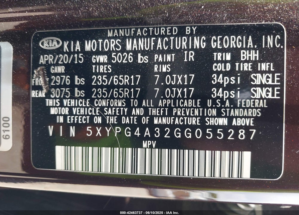 2016 KIA SORENTO 2.4L LX VIN: 5XYPG4A32GG055287