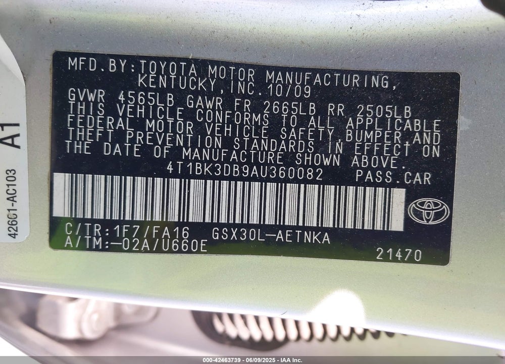 2010 TOYOTA AVALON VIN: 4T1BK3DB9AU360082