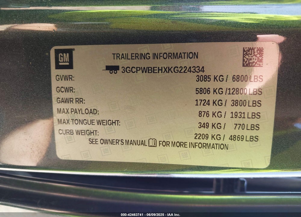 2019 CHEVROLET SILVERADO 1500 VIN: 3GCPWBEHXKG224334