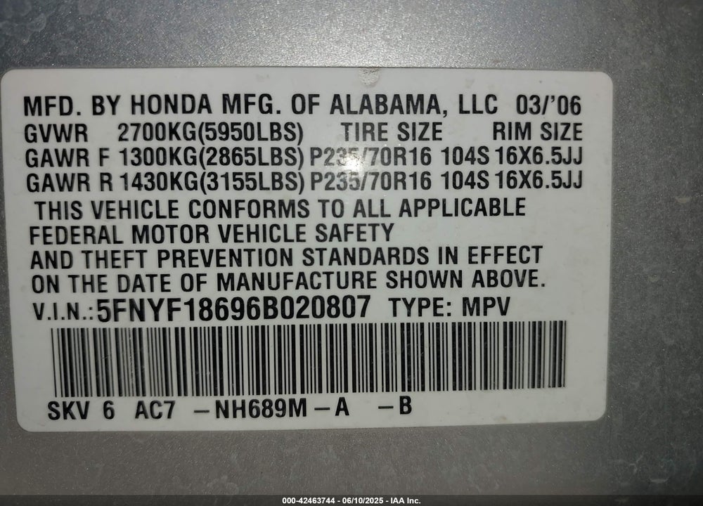 2006 HONDA PILOT EX-L VIN: 5FNYF18696B020807