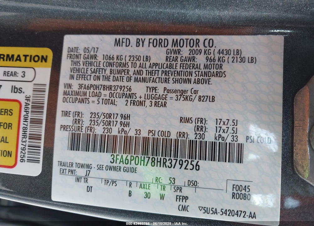 2017 FORD FUSION SE VIN: 3FA6P0H78HR379256
