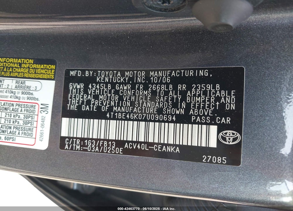 2007 TOYOTA CAMRY VIN: 4T1BE46K07U090694