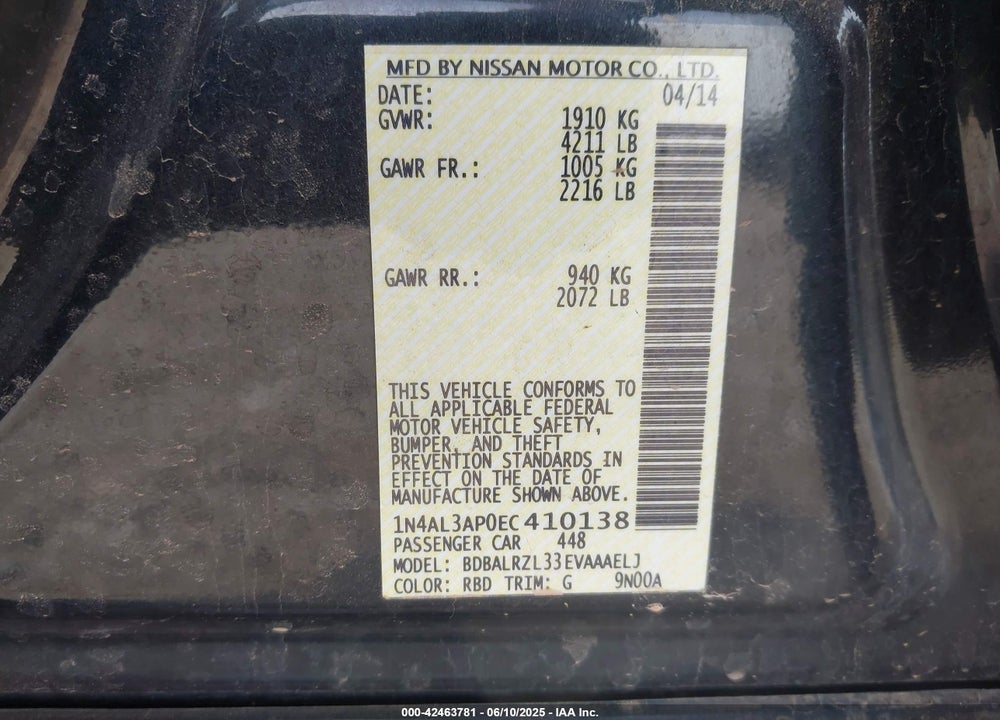 2014 NISSAN ALTIMA VIN: 1N4AL3AP0EC410138