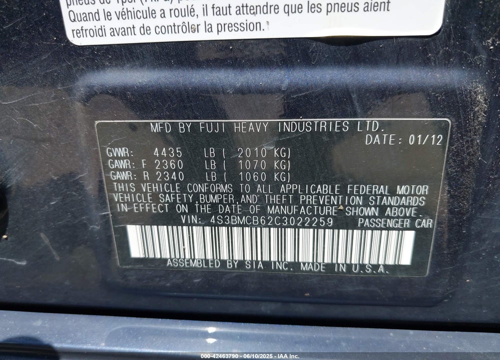 2012 SUBARU LEGACY VIN: 4S3BMCB62C3022259