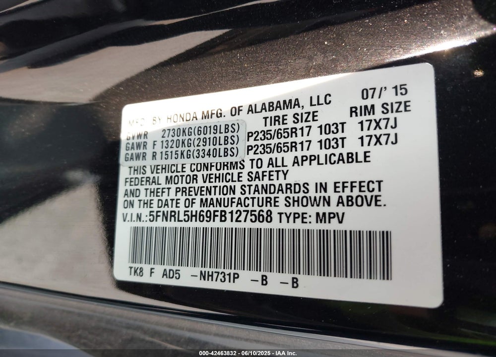 2015 HONDA ODYSSEY EX-L VIN: 5FNRL5H69FB127568