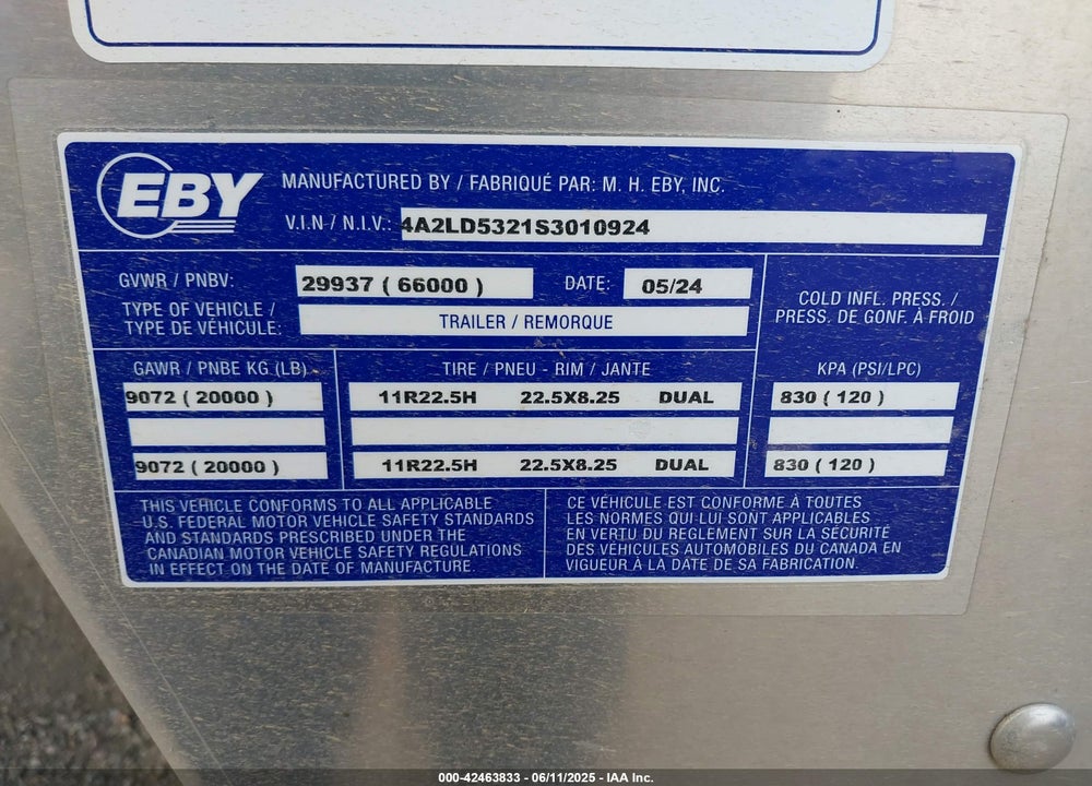2025 M H EBY TRAILERS LIVESTOCK TRAILER VIN: 4A2LD5321S3010924