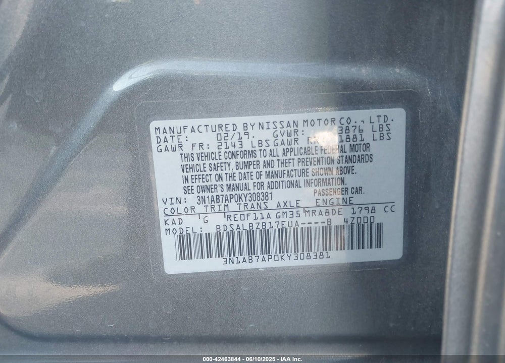 2019 NISSAN SENTRA VIN: 3N1AB7AP0KY308381