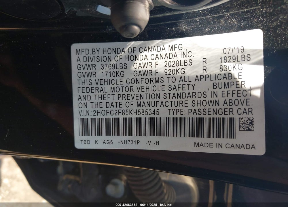 2019 HONDA CIVIC VIN: 2HGFC2F85KH585345