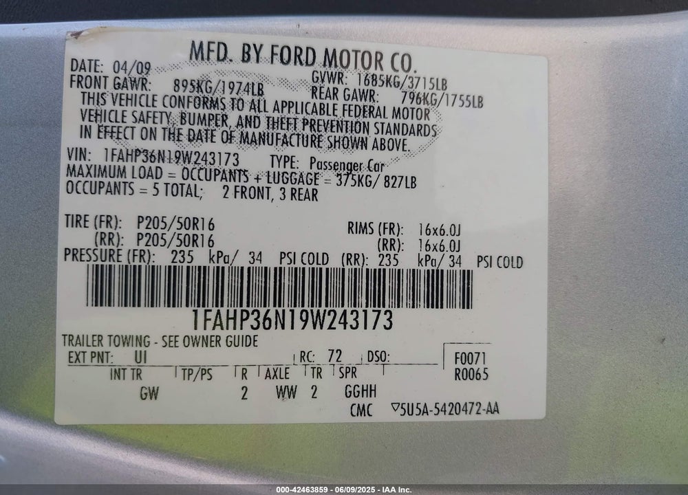 2009 FORD FOCUS SES VIN: 1FAHP36N19W243173