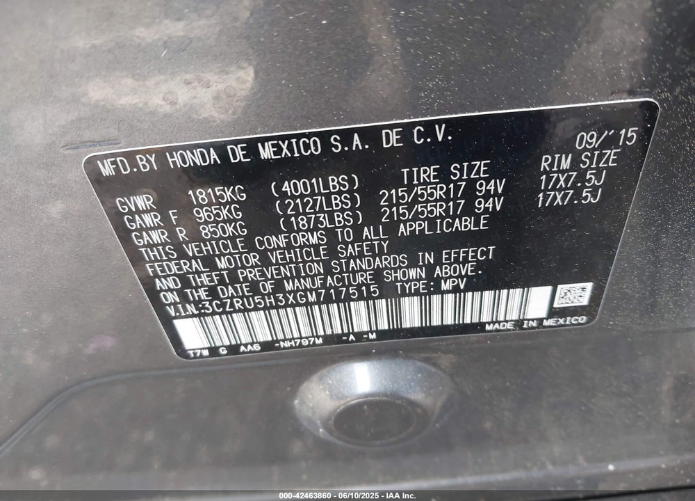2016 HONDA HR-V VIN: 3CZRU5H3XGM717515