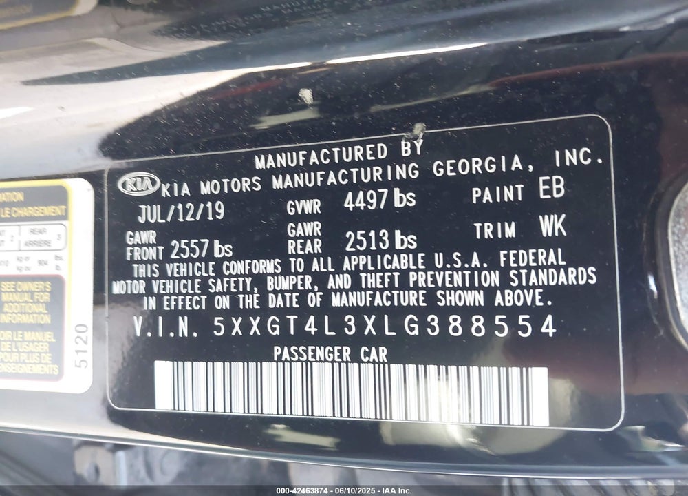 2020 KIA OPTIMA VIN: 5XXGT4L3XLG388554