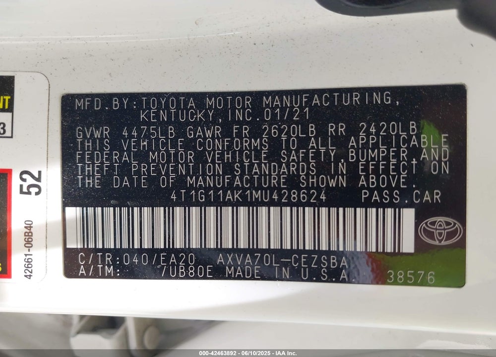 2021 TOYOTA CAMRY SE VIN: 4T1G11AK1MU428624