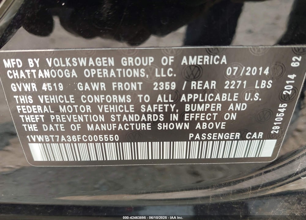 2015 VOLKSWAGEN PASSAT VIN: 1VWBT7A36FC005550