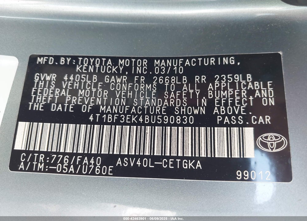 2011 TOYOTA CAMRY XLE VIN: 4T1BF3EK4BU590830