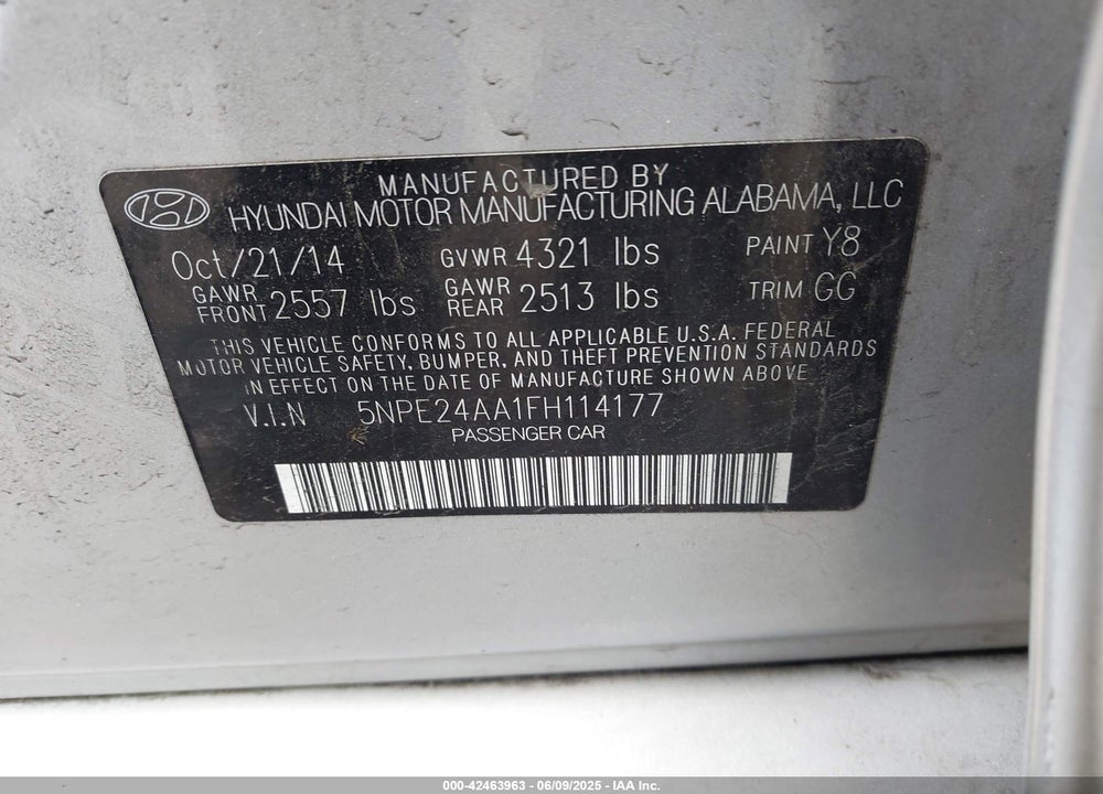 2015 HYUNDAI SONATA VIN: 5NPE24AA1FH114177