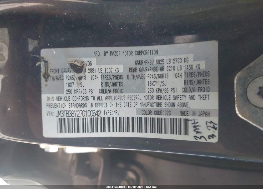 2007 MAZDA CX-9 VIN: JM3TB38Y270100542