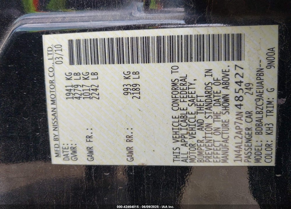 2010 NISSAN ALTIMA VIN: 1N4AL2AP7AN485427