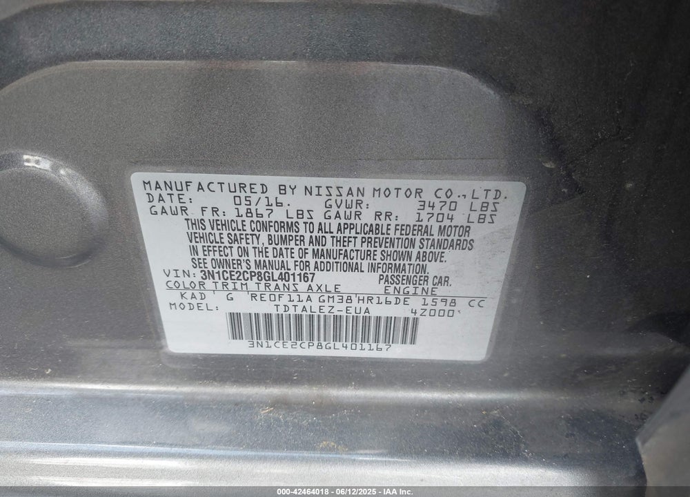 2016 NISSAN VERSA NOTE VIN: 3N1CE2CP8GL401167