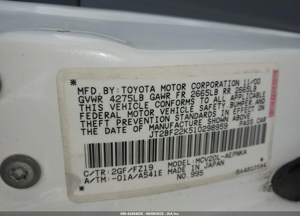 2001 TOYOTA CAMRY VIN: JT2BF22K510298959