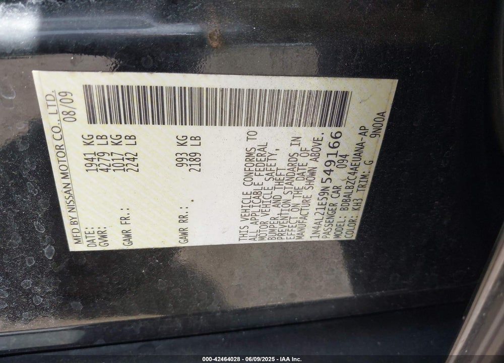 2009 NISSAN ALTIMA 2.5 S VIN: 1N4AL21E59N549166