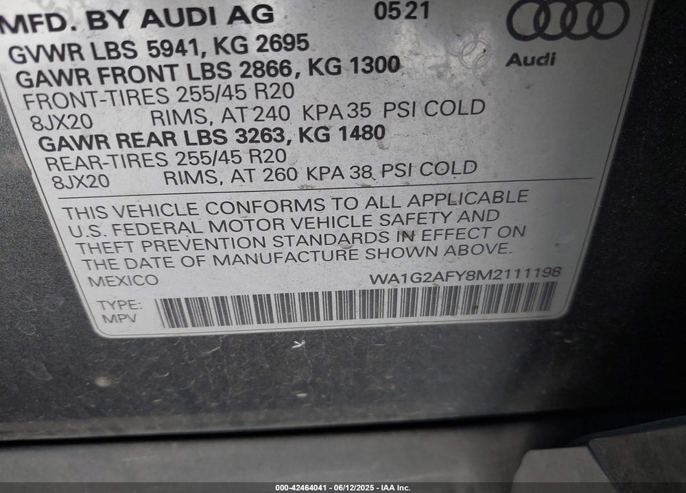 2021 AUDI Q5 VIN: WA1G2AFY8M2111198