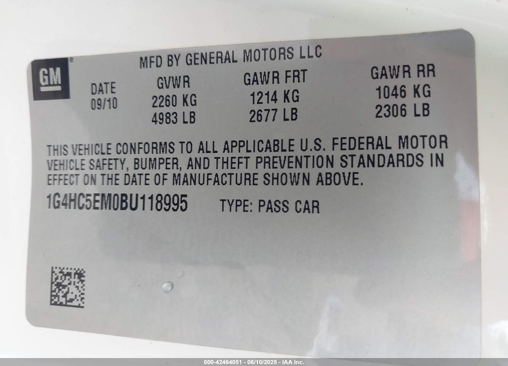 2011 BUICK LUCERNE VIN: 1G4HC5EM0BU118995