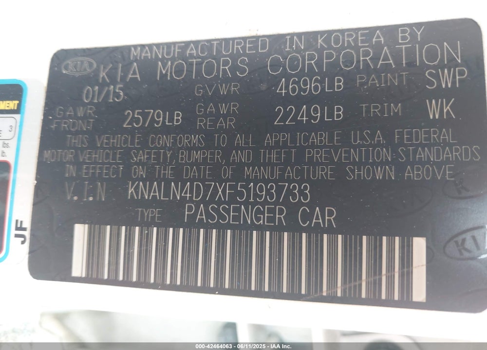2015 KIA CADENZA LIMITED VIN: KNALN4D7XF5193733