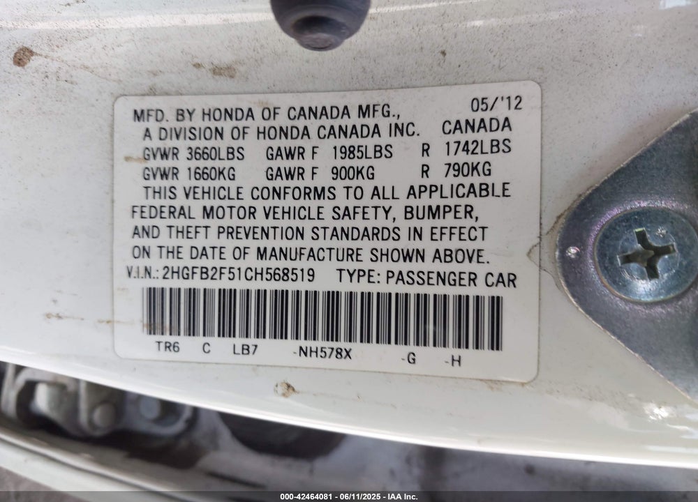 2012 HONDA CIVIC VIN: 2HGFB2F51CH568519
