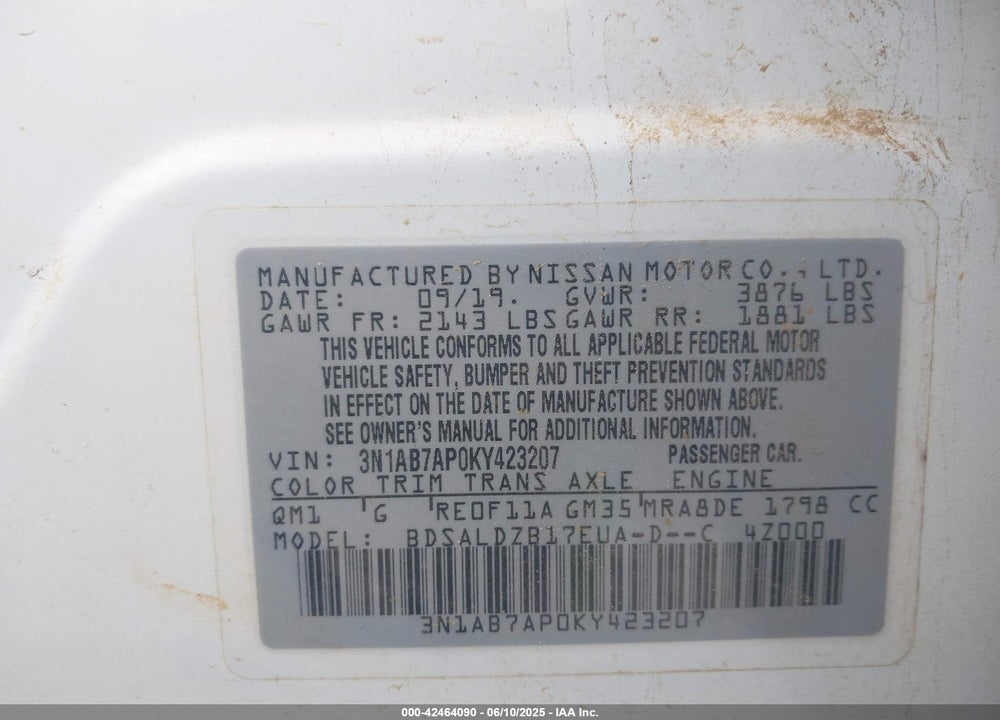 2019 NISSAN SENTRA VIN: 3N1AB7AP0KY423207