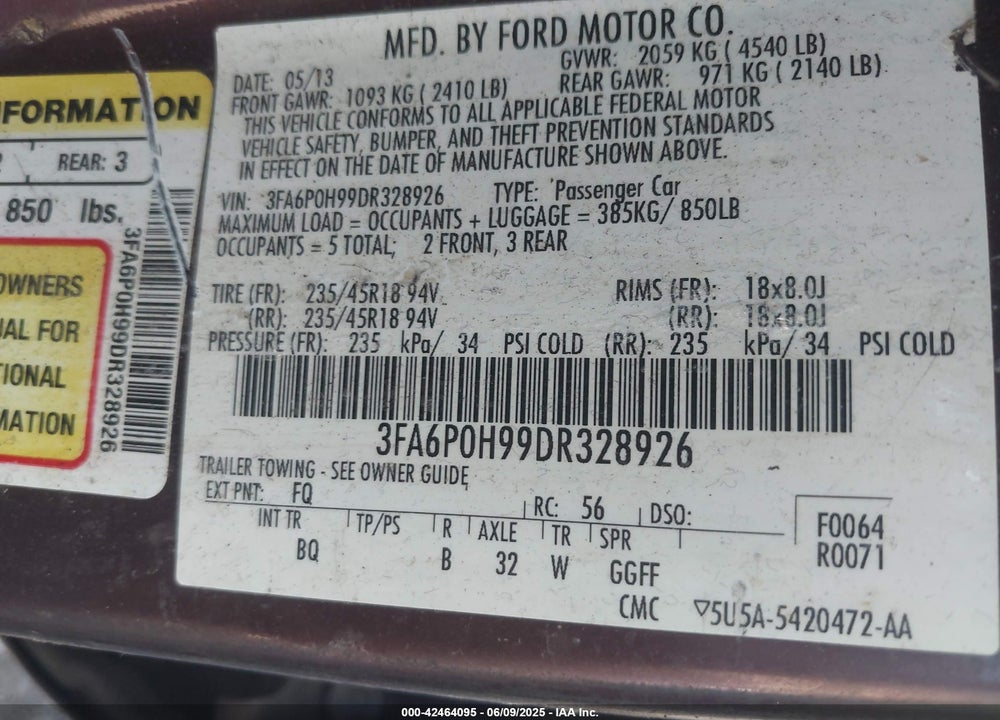 2013 FORD FUSION SE VIN: 3FA6P0H99DR328926