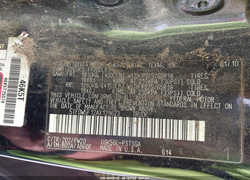 2010 TOYOTA TUNDRA GRADE 5.7L V8 VIN: 5TFDW5F12AX129623