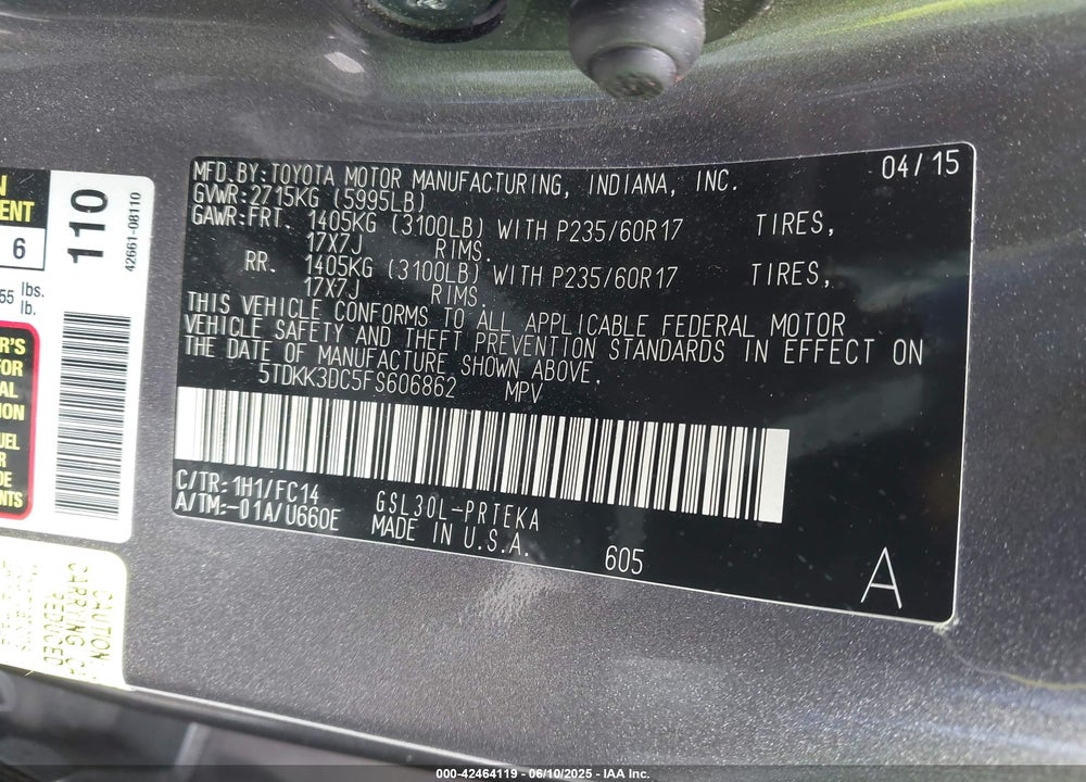 2015 TOYOTA SIENNA VIN: 5TDKK3DC5FS606862