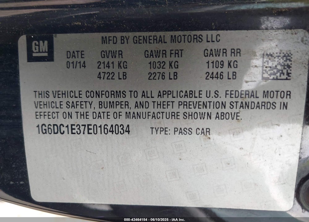 2014 CADILLAC CTS VIN: 1G6DC1E37E0164034