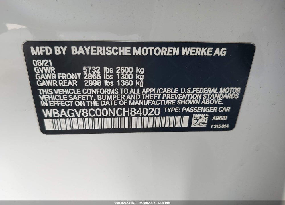 2022 BMW M850I GTAN COUPE XDRIVE VIN: WBAGV8C00NCH84020