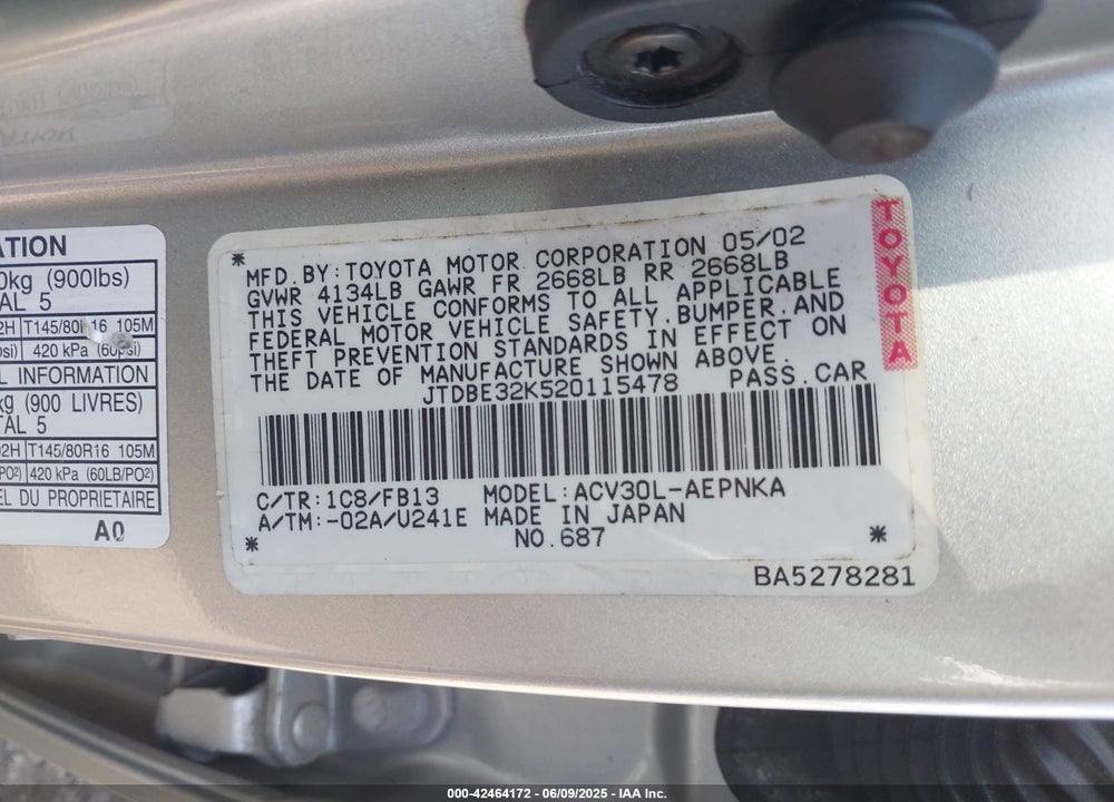 2002 TOYOTA CAMRY LE VIN: JTDBE32K520115478