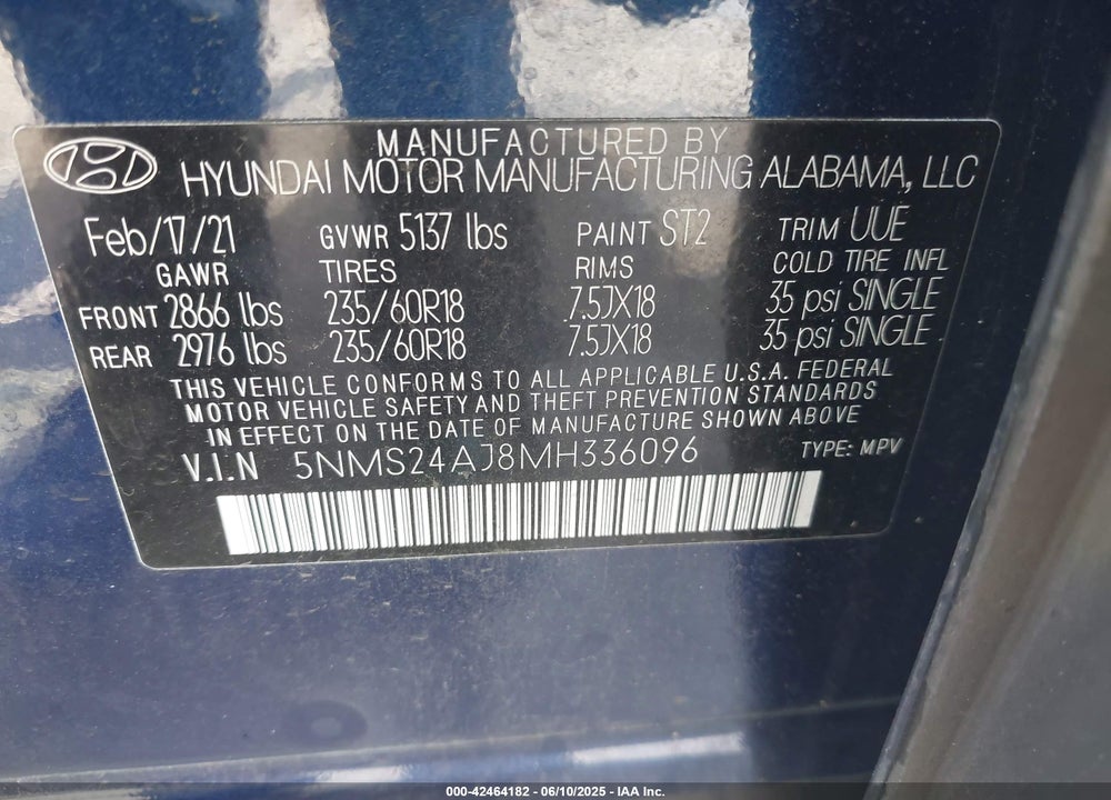 2021 HYUNDAI SANTA FE VIN: 5NMS24AJ8MH336096
