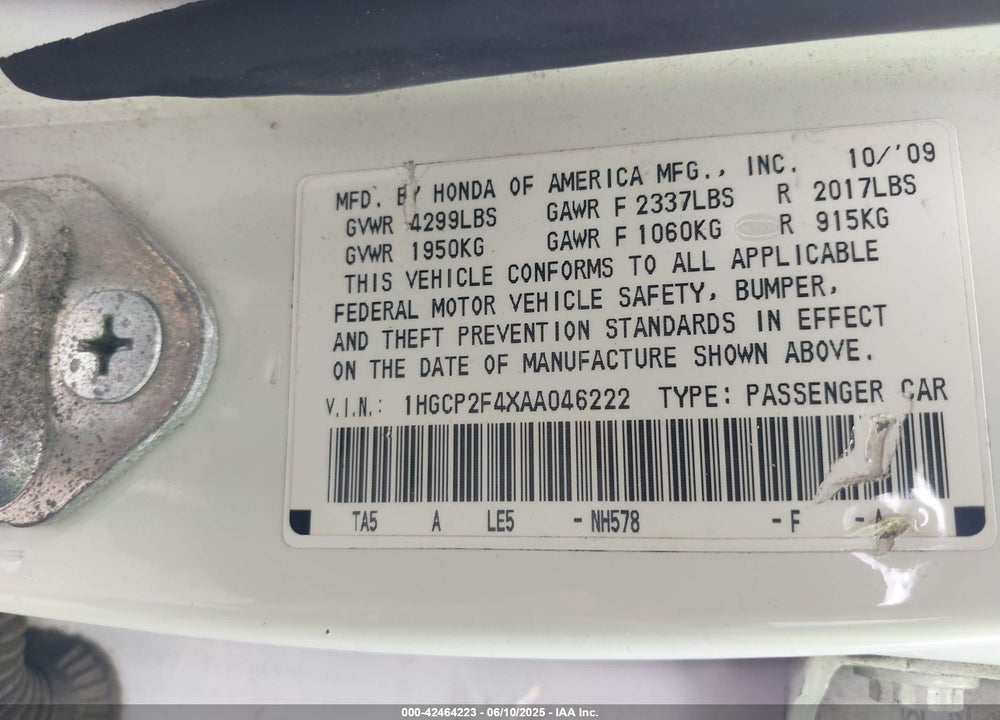 2010 HONDA ACCORD VIN: 1HGCP2F4XAA046222
