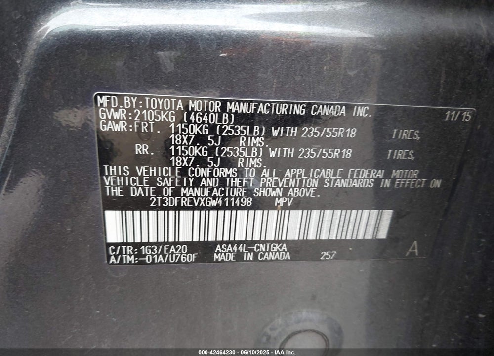 2016 TOYOTA RAV4 LIMITED VIN: 2T3DFREVXGW411498