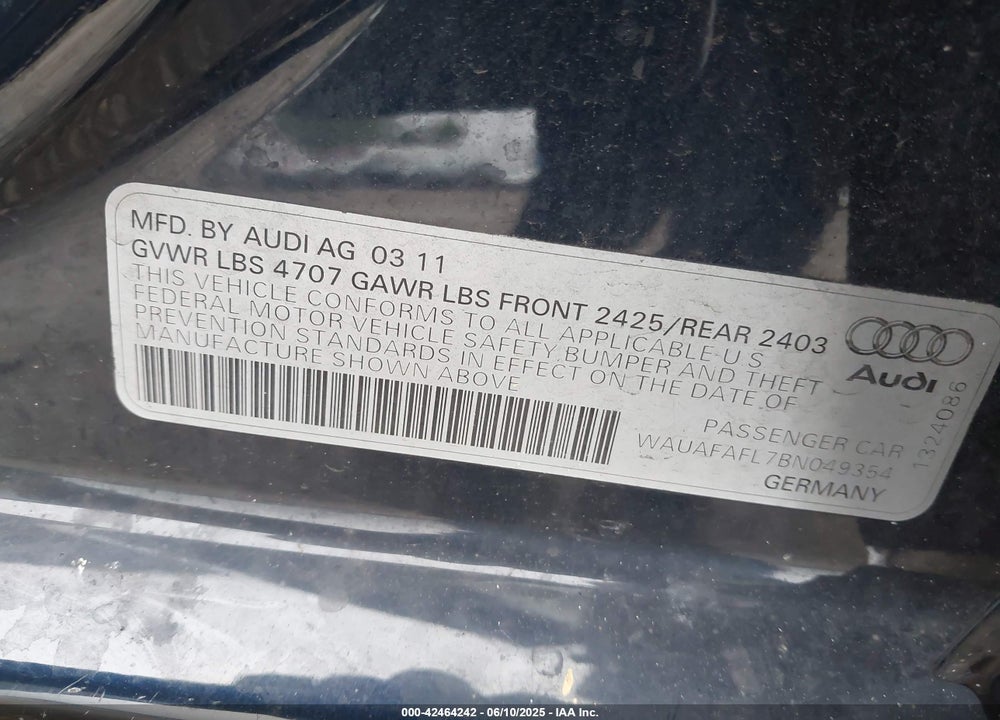 2011 AUDI A4 VIN: WAUAFAFL7BN049354