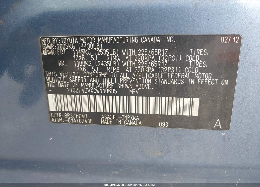 2012 TOYOTA RAV4 VIN: 2T3ZF4DVXCW110685