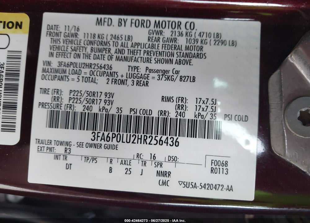 2017 FORD FUSION HYBRID SE VIN: 3FA6P0LU2HR256436