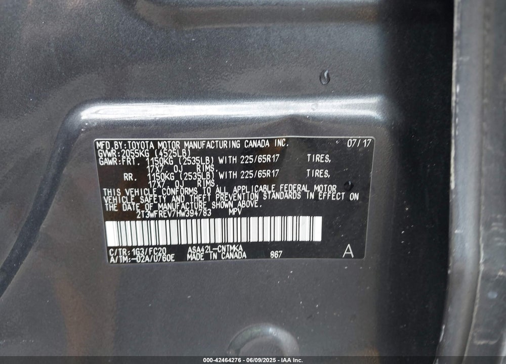 2017 TOYOTA RAV4 XLE VIN: 2T3WFREV7HW394783