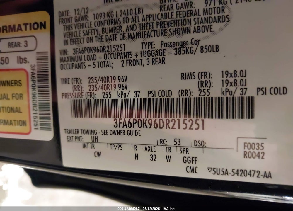 2013 FORD FUSION VIN: 3FA6P0K96DR215251
