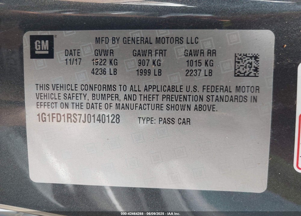 2018 CHEVROLET CAMARO VIN: 1G1FD1RS7J0140128