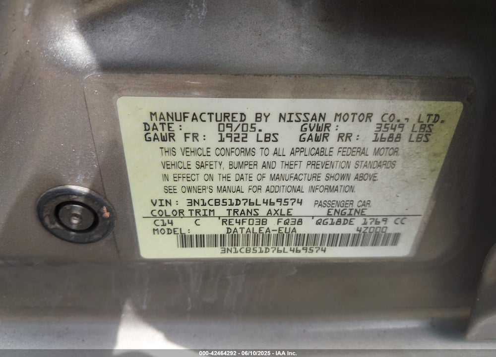 2006 NISSAN SENTRA VIN: 3N1CB51D76L469574