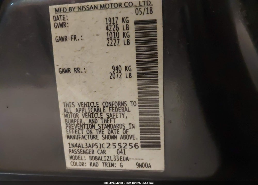 2018 NISSAN ALTIMA VIN: 1N4AL3AP5JC255256