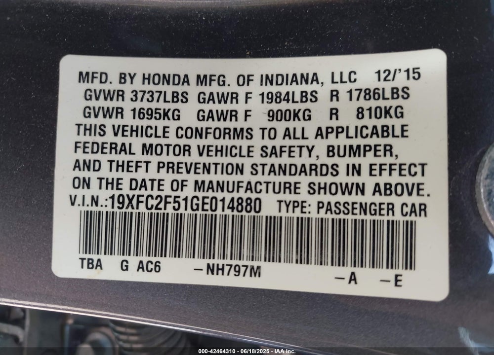 2016 HONDA CIVIC VIN: 19XFC2F51GE014880